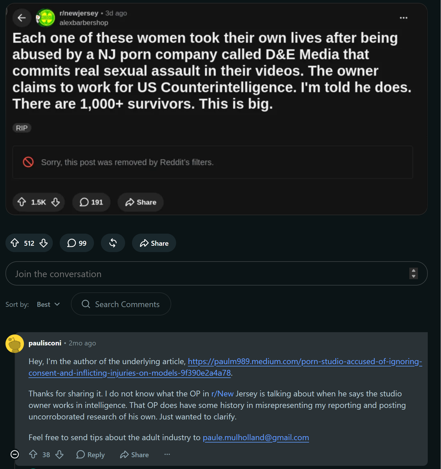 Reddit screenshot showing Paul Mulholland publicly distancing his reporting from unsupported claims being associated with it.